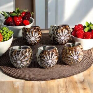 5 Hand Carved Cowrie Sea Shell Napkin Holder Rings Floral Sun Design Spotted